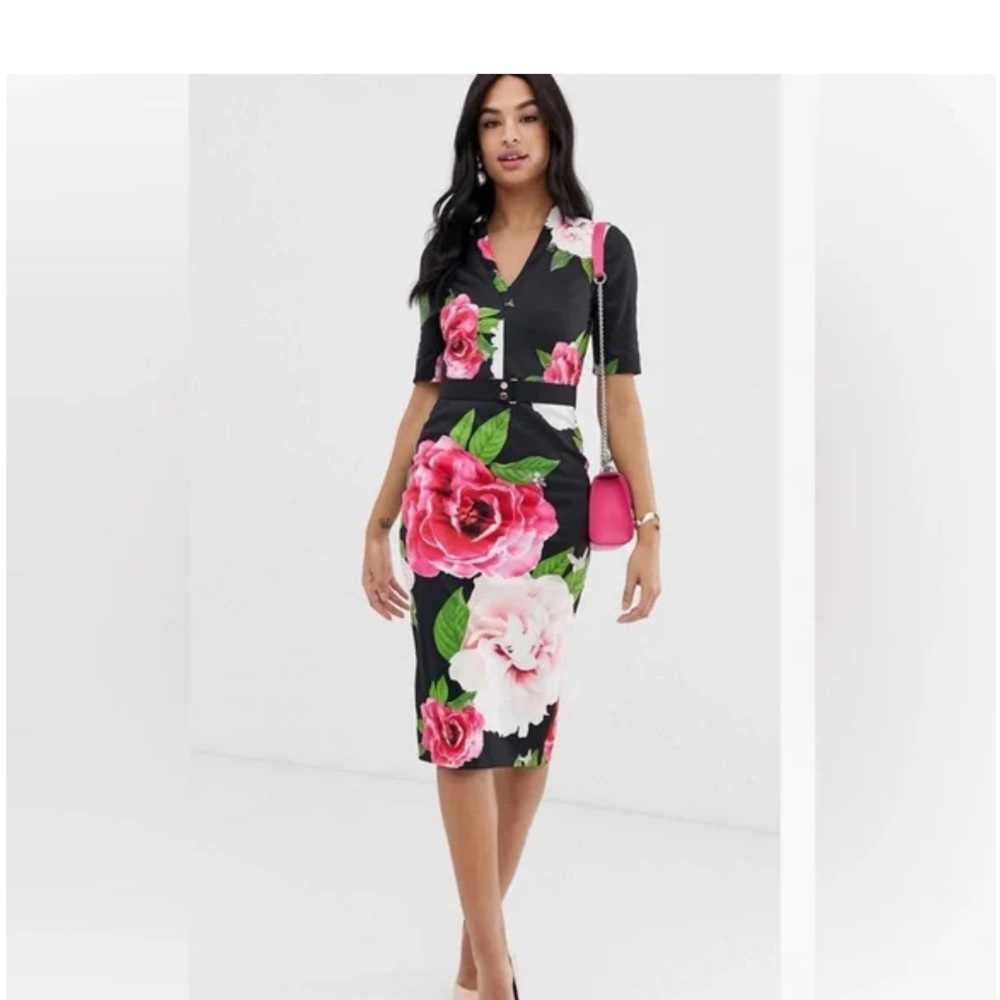 Black Floral V-Neck Sheath Dress - (Brand)